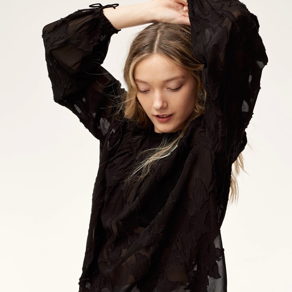 Aritzia Wilfred Black Tropical Print Sheer Blouse